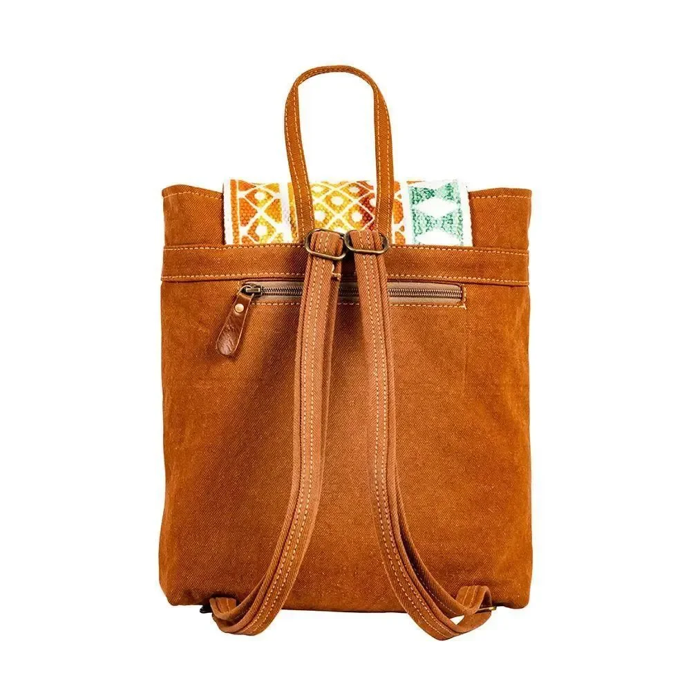 Myra Bag Handmade Chenoa Backpack Upcycled Canvas & Cowhide Leather